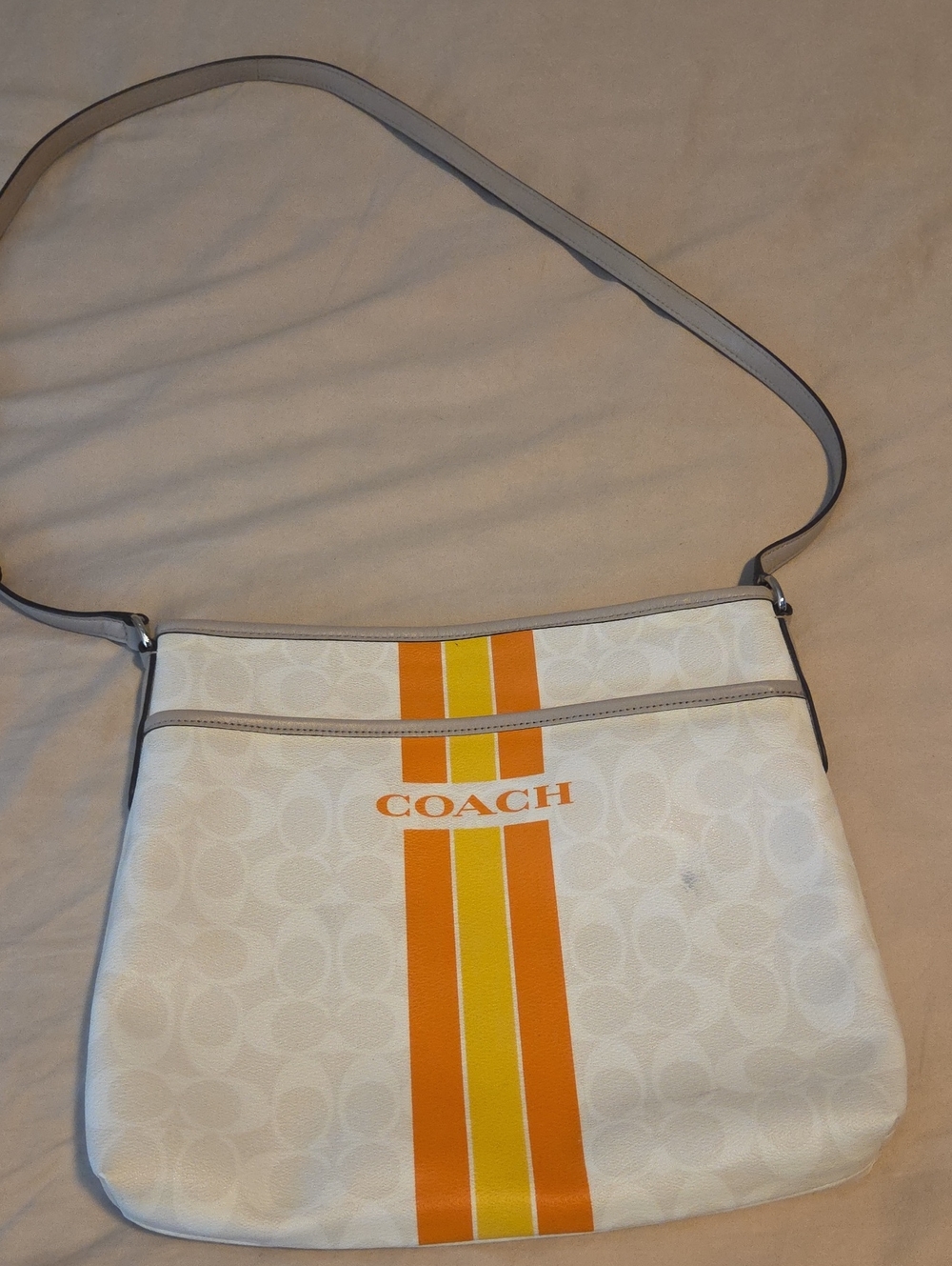 COACH Women's White Crossbody Bag with Orange & Yellow Stripes